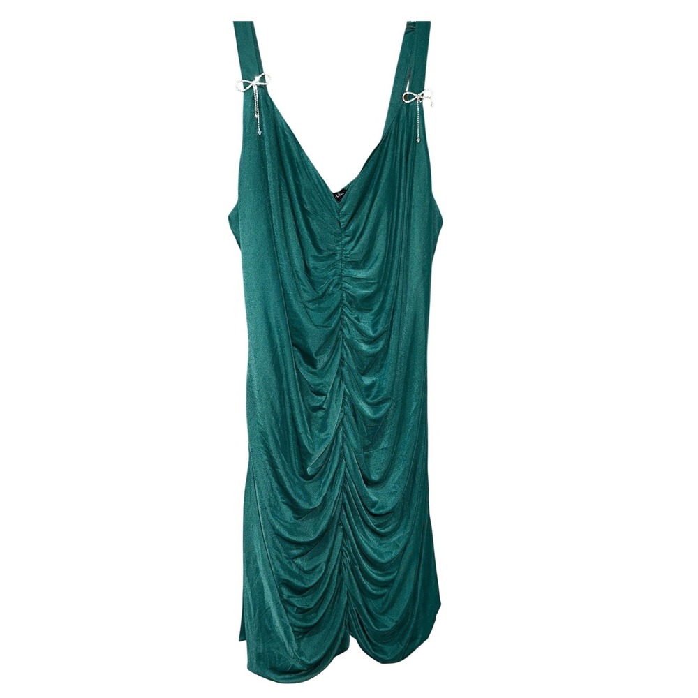 Emerald Green Ruched Mini Dress Rhinestone Bows Party 2X Johnny Wujek
